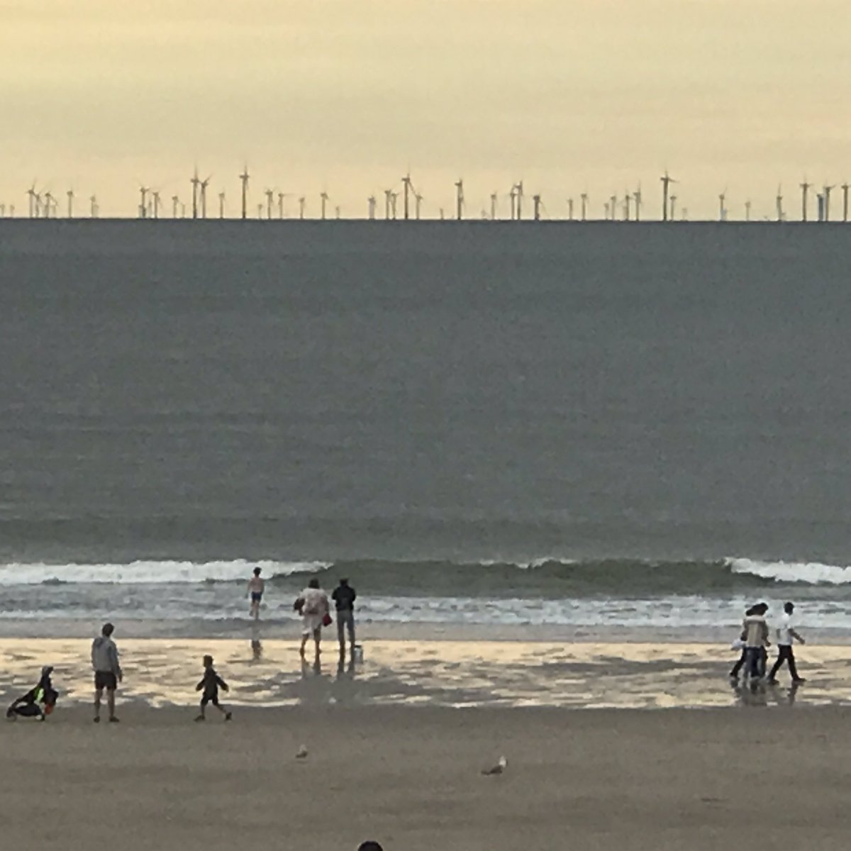 Hdewulf's tweet photo. Heldere lucht en dus prachtig zicht op het windmolenpark in zee. “Maar er draait er geen enkele” merkt een kleine jongen terecht op. Leg dan maar uit dat windenergie belangrijk is. #Windenergie @TinneVdS https://t.co/uyHWKaVT2b