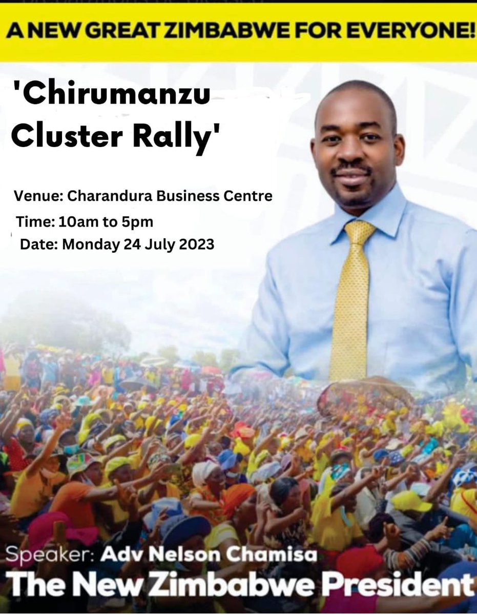 We are counting days Chirumanzu is ready to hear from the change champion-in Chief @nelsonchamisa.Don't miss out be part of the new Great Zimbabwe support @CCCZimbabwe. See you at Charandura Business Centre paJopha Pahama Paruzeva. #Defendruralvote @advocatemahere @Cde_Ostallos
