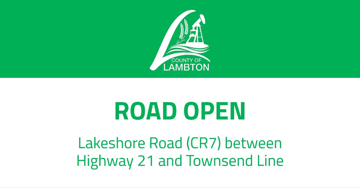 CountyofLambton's tweet photo. UPDATE - Lakeshore Road (County Road 7) has REOPENED between Highway 21 and Townsend Line.
We’d like to thank Cope Construction for their quick response and expedited work on this project and thank everyone for their patience and understanding as this work was completed. https://t.co/nixzKhloDX