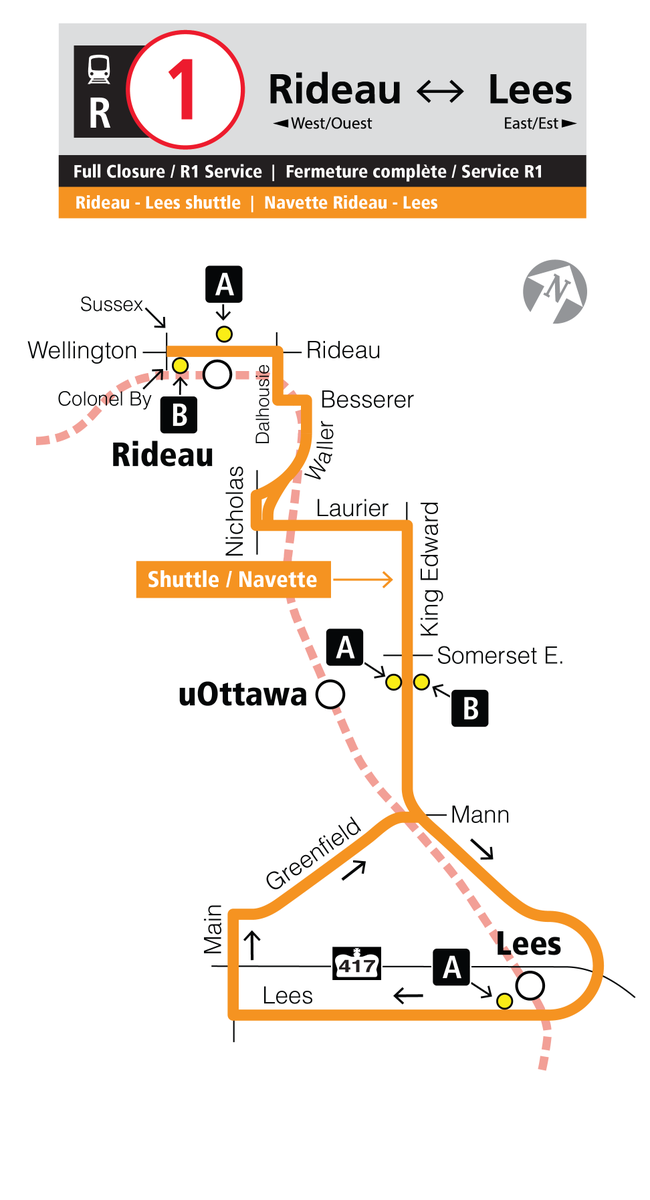 OC_TranspoHelps's tweet photo. ⚠️R1: Customers taking R1 to or from Lees station – There is a change that will affect you.

This change will begin at 3pm today.

1/4 https://t.co/2vbcIRCSfn