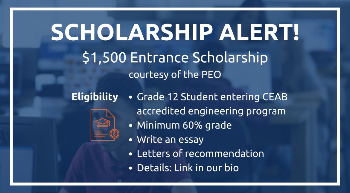 Calling all aspiring engineers! 

The Professional Engineers of Ontario (Lake Ontario Chapter) is awarding a one-time $1,500 entrance scholarship to a deserving student entering a CEAB-accredited engineering program in the winter or fall semesters.

📅 Deadline: August 15, 2023