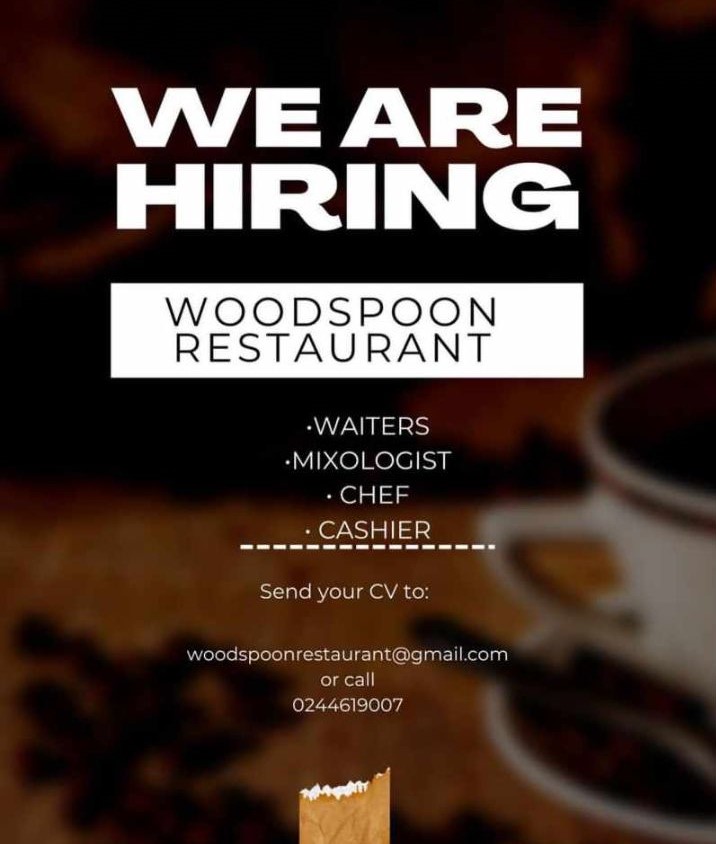 WoodenSpoon Restaurant is hiring:

- Waiters
- Mixologist
- Chef
- Cashier

To Apply: send your CV to woodenspoonrestaurant@gmail.com or call 0244619007

#ghana #hospitality #health #admin #jobs #hiring #GigsnMore #food
