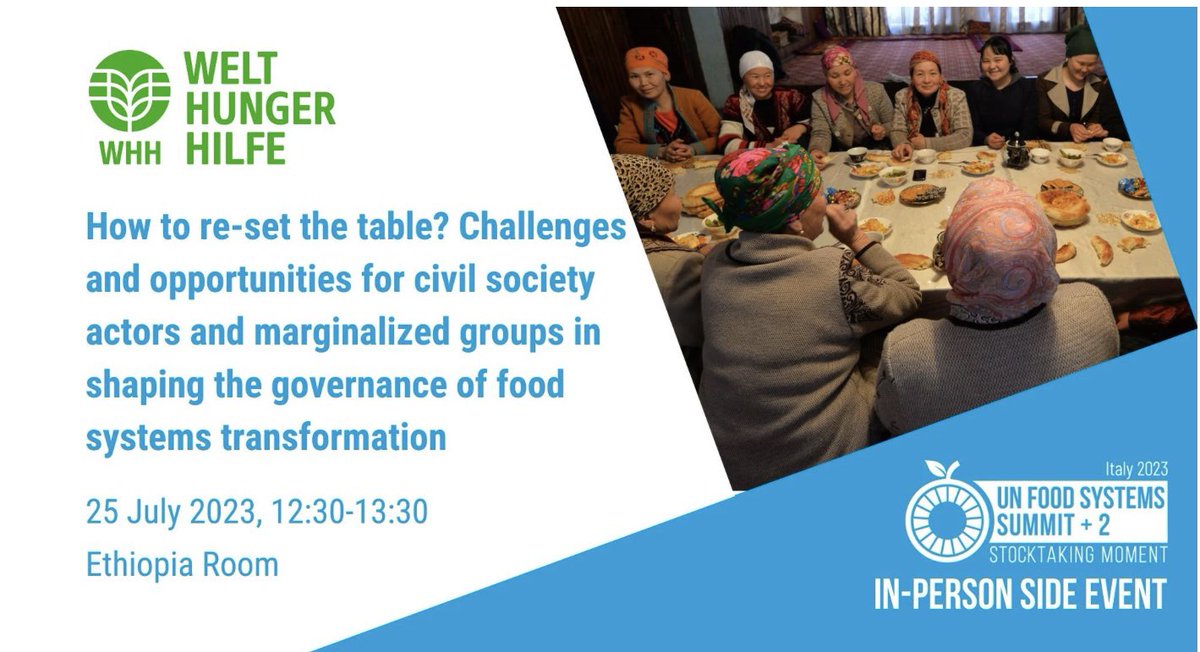 AsjaHanano's tweet photo. Join us at our live #UNFSS2023 side event to learn about civil society actors shaping governance of #FoodSystems transformation.
🗓️25 July
🕛 12:30-13:30
📍Ethiopia Room
@Welthungerhilfe @TMG_think @BMZ_Bund @bmel, #RightToFood Coa Kenya #INOFO
https://t.co/cHqAHVA7xy https://t.co/Vc95Bf3nUD