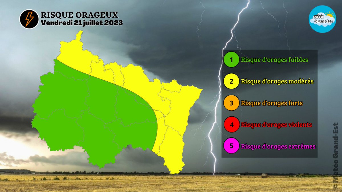 ⛈️ - #Orages : Des averses localement orageuses pourront se déclencher cet après-midi et ce soir sur le #GrandEst.
Ces averses orageuses pourront être plus soutenues aux abords des frontières.