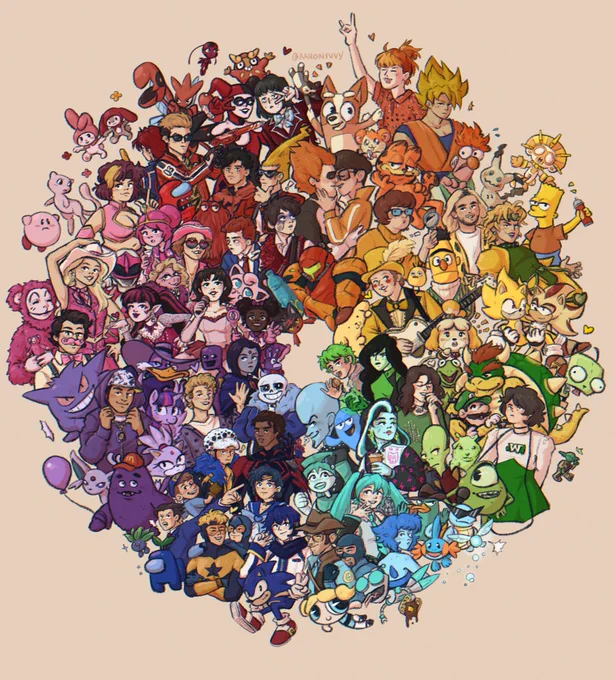 color wheel meme COMPLETE with 102 characters/people from 70 franchises/bands  this was fun, thank you! closeups in 