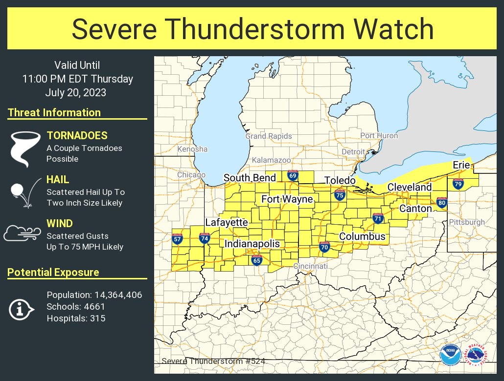 NWSCLE's tweet photo. A severe thunderstorm watch has been issued for parts of Illinois, Indiana, Michigan, Ohio and Pennsylvania until 11 PM EDT https://t.co/17ydArOQSf