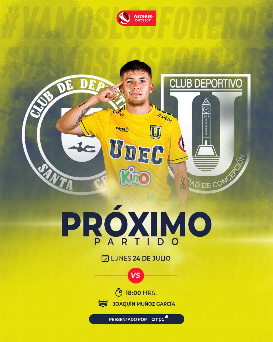 FutbolUdeC's tweet photo. 🔜 ¡Nos vamos a Santa Cruz! 

🎯 El próximo lunes tendremos una nueva final en el #AscensoBettson, esta vez ante @DeporSantaCruz en el Municipal Joaquín Muñoz García. 

¡Con todo, muchachos! 👊🏽

#VamosLosForeros https://t.co/3BibtGyssD