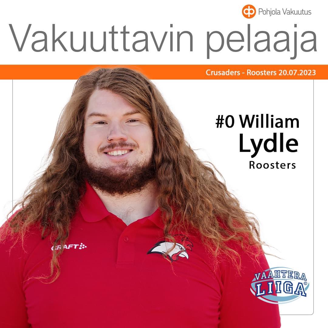 Roosters kaatoi torstaina Lohjalla Crusadersin lukemin 7–49 (7–35). Pohjola Vakuutus palkitsi ottelun vakuuttavimpana pelaajana Roostersin puolustuksen linjamies William Lydlen, joka säkitti kahdesti ja kokosi kaikkiaan 5,5 taklausta. Congratulations Will! 🏈

#vaahteraliiga