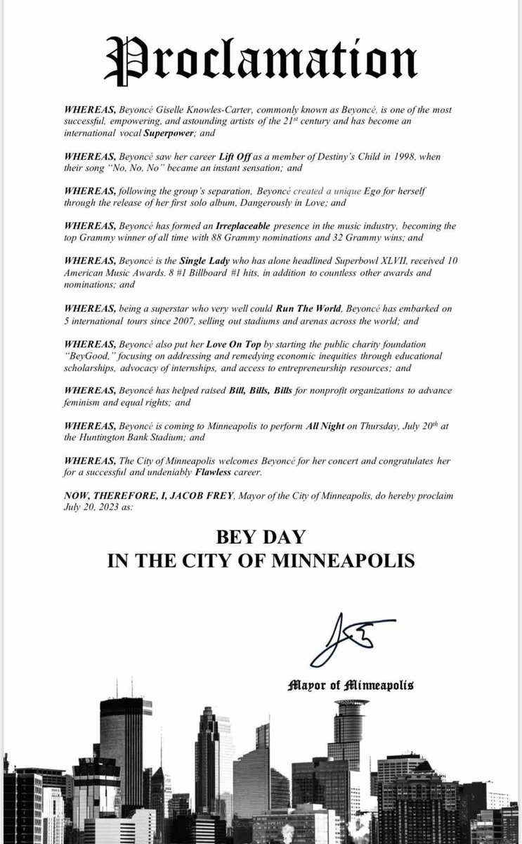 PopBase's tweet photo. The mayor of Minneapolis proclaims today as Bey Day in the city in honor of Beyoncé’s Renaissance World Tour. https://t.co/AM2WC5MJWO
