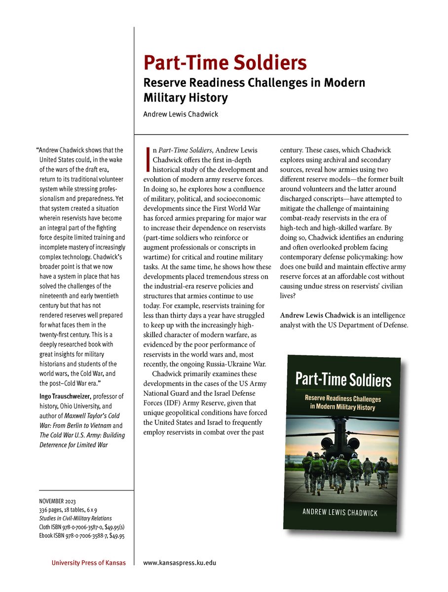 Alums in the News: Dr. Andrew Chadwick's new book, Part-Time Soldiers: Reserve Readiness Challenges in Modern Military History, will be published by the University Press of Kansas (<a href="/Kansas_Press/">Univ Press of Kansas</a>) in November 2023.