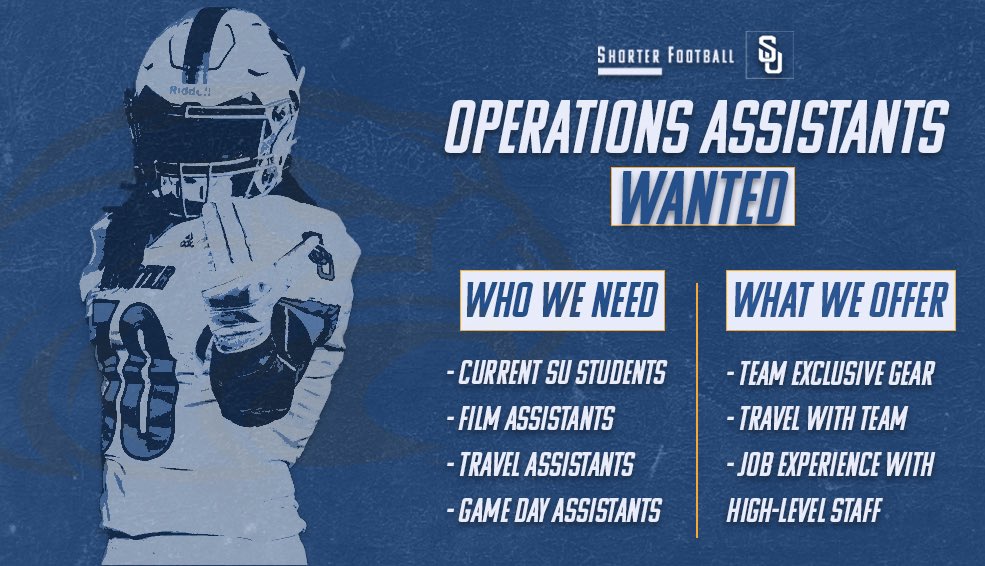 Love football? Want to work in sports?Join our squad! We’re on the hunt for operations assistants for the 2023-24 athletic season! If you’re interested and want more info on how to join, contact Coach Morrison via your student email: ZMorrison@shorter.edu