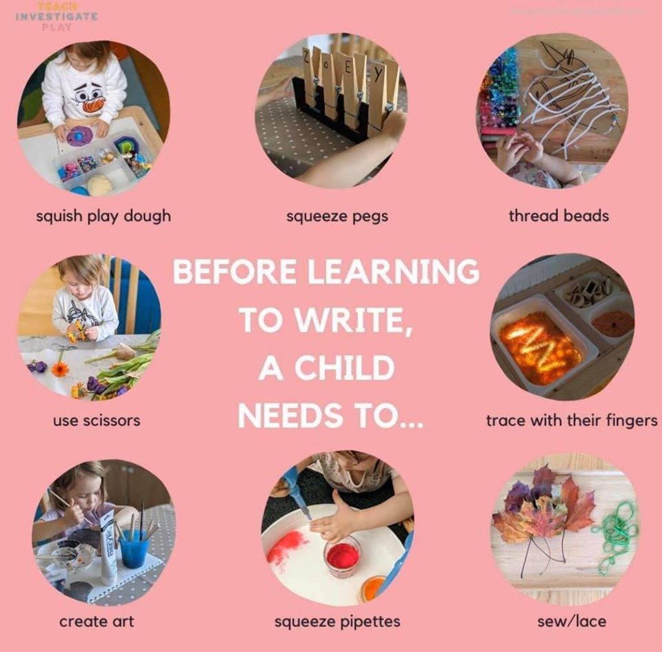 What are some activities your child should learn before they start writing? Try these ideas to strengthen those fine motor skills! More info: ow.ly/bsYF50PcoHY Via @thisplayfulhome #finemotor #finemotorskills #occupationaltherapy #preschool #earlyed