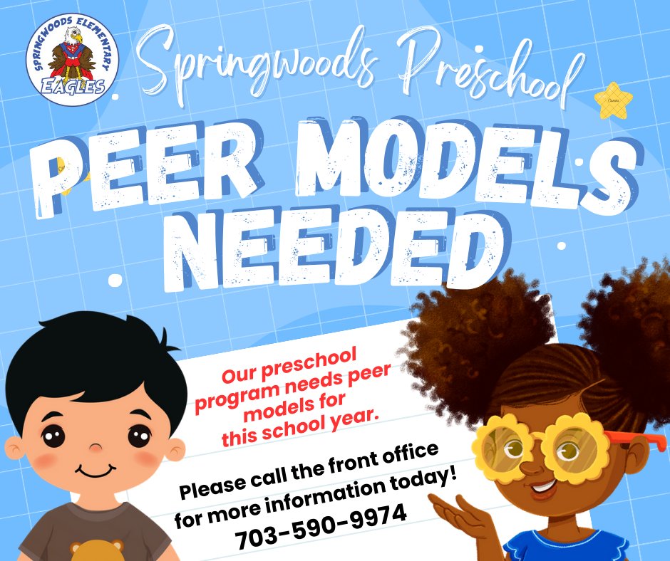 Do you have any little Eagles at home ready to start their school experience? Our preschool program needs you! We are looking for a few peer model preschool students to join Eagle Nation for this upcoming school year. If you are interested, call the front office for more info.