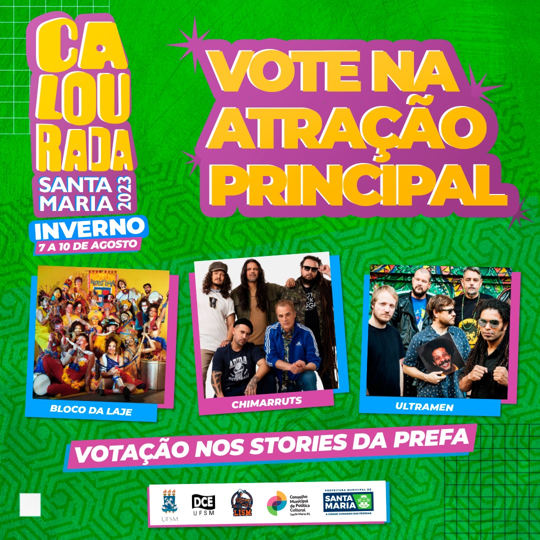 JÁ VOTOU PARA DECIDIR A ATRAÇÃO PRINCIPAL DA CALOURADA 2023!

📲 Para participar, basta acessar o Storie no perfil da Prefa, no Instagram, e selecionar uma das três bandas. A votação fica online até o meio-dia desta sexta-feira (21).

👉 Bora votar: bit.ly/calouradainver…
