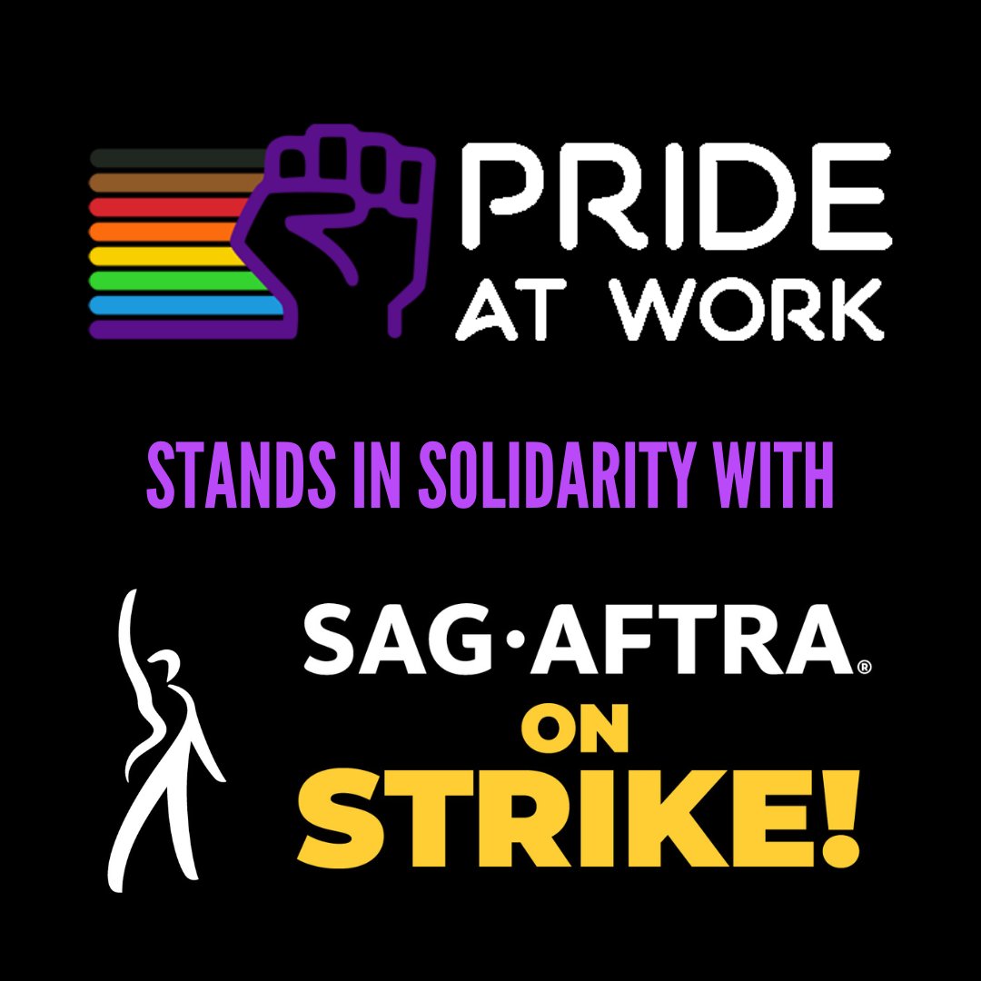 Pride At Work stands in solidarity with <a href="/sagaftra/">SAG-AFTRA</a> members striking for a fair, modern agreement on television, theatrical, and streaming work!

#SAGAFTRAstrong #SAGAFTRAstrike #1u #1uPride
