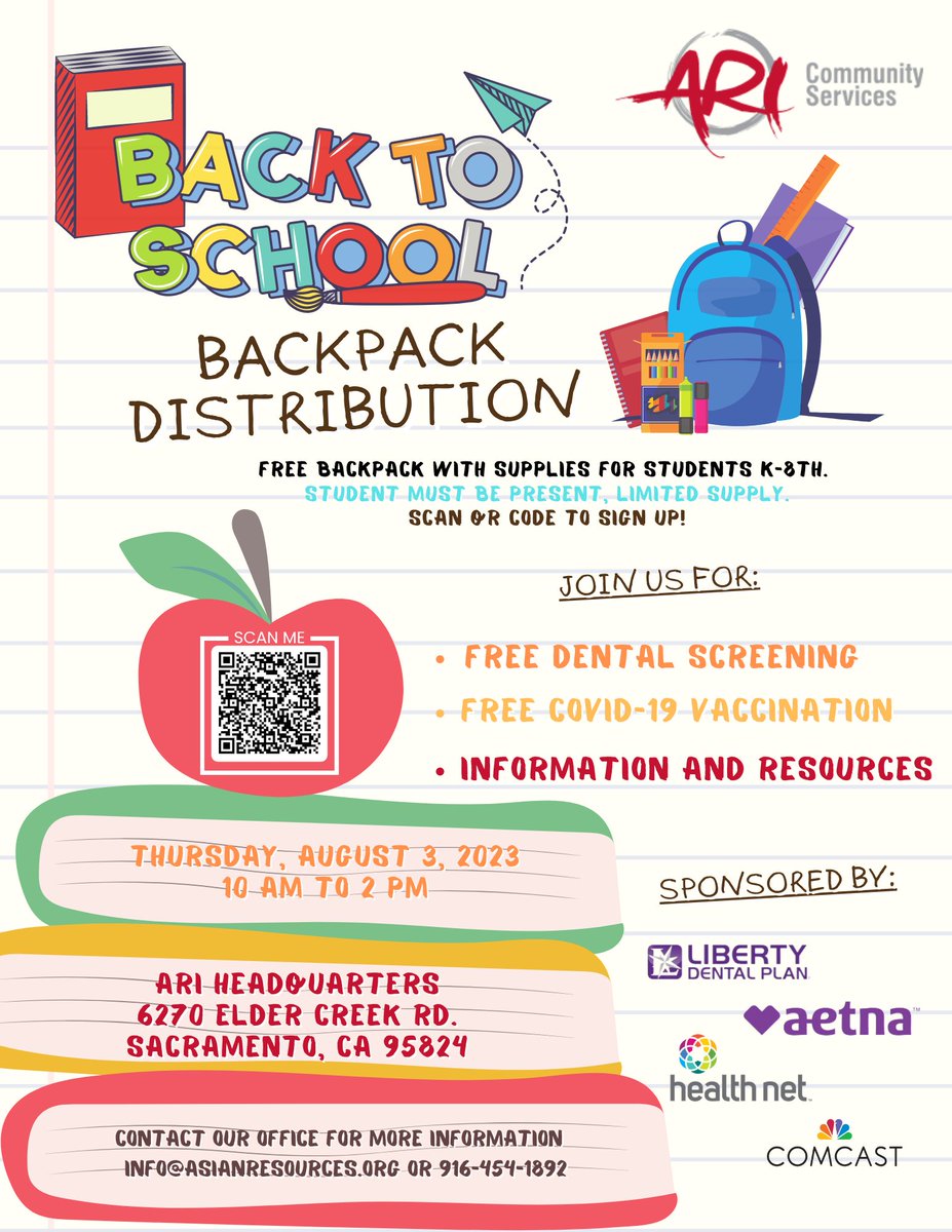 It’s time to go back to school! ARI is hosting our Annual Back to School Backpack Drive on Thursday, August 3rd. Join us for backpacks, dental screening, COVID-19 vaccine and many more! Scan the QR code to sign up! Student must be present to pick up the backpack.