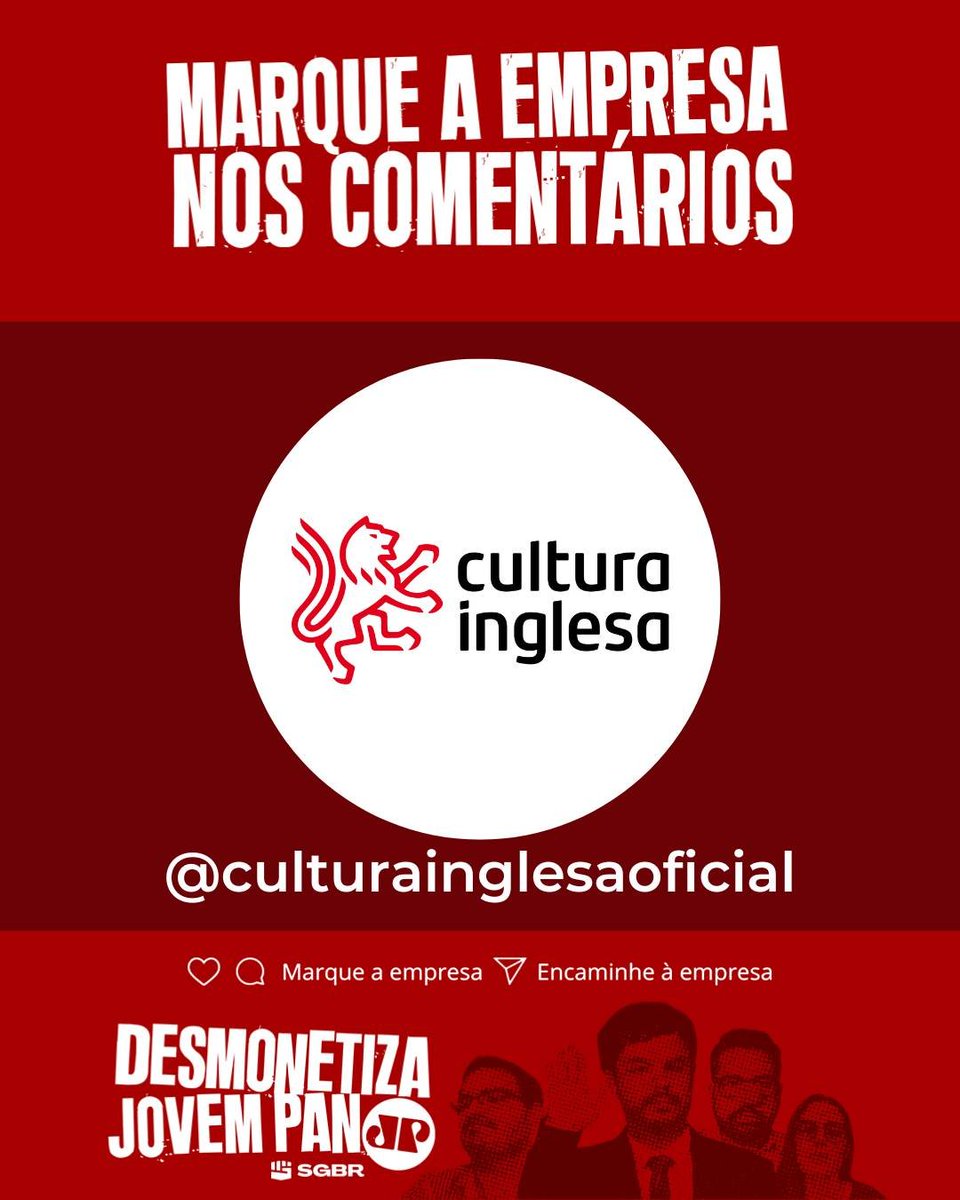 slpng_giants_pt's tweet photo. 🏪 Olá @culturainglesa, tudo bem? Infelizmente ouvimos seu anúncio na rádio Jovem Pan de BH, uma emissora investigada por propagar ataques à democracia e desinformação. Uma empresa que preza pela democracia e a verdade não deveria ter essa ligação. Pfv, #DesmonetizaJovemPan! ✊🏽

Avisem à empresa aqui nos comentários 👇🏽👇🏽