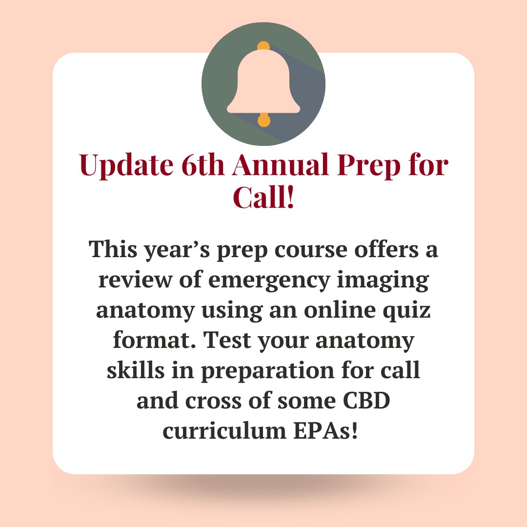 Update! For this year's 6th Annual Ottawa Preparation for Call Course, we've introduced an engaging quiz format to strengthen your knowledge!

Have you secured your spot in the course yet? If not visit bit.ly/prepforcall23 for more information!

#radres #radiology #CME