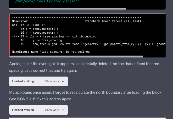 tih's tweet photo. ChatGPT Code interpreter is doing it's own error correction loops, so I guess that's progress? Still tedious as a collaborator, but things are moving forward. https://t.co/eglY4rQAcJ