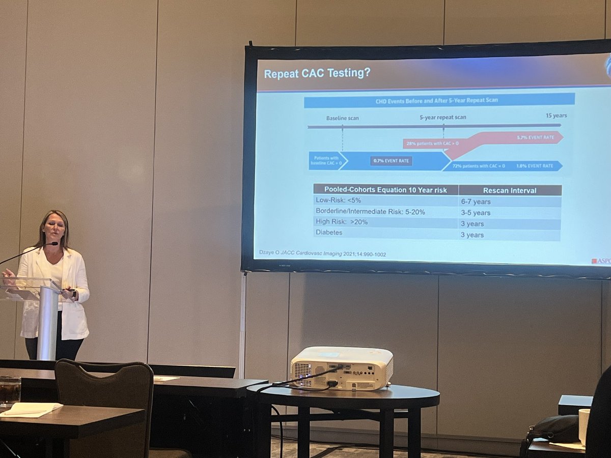 purviparwani's tweet image. @a_l_bailey excellent talk on #CVImaging #CAC pearls at #ASPC23 
➡️ NNT for CAC &amp;gt; 100 -&amp;gt; 12 
➡️ increase in CAC with statin therapy
➡️ CAC rescan interval according to ASCVD risk 
@DrMichaelShapir @DrMarthaGulati @ErinMichos @DrEugeneYang @VietHeartPA @almallahmo @khurramn1…