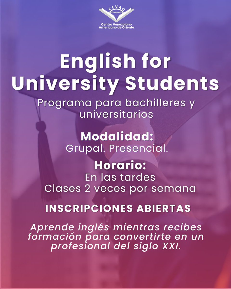 Gana conocimiento con el programa English for University Students, un curso de #inglés grupal enfocado en las necesidades de los bachilleres y estudiantes universitarios. Además obtendrás herramientas y competencias, a través de talleres con temas de interés global.