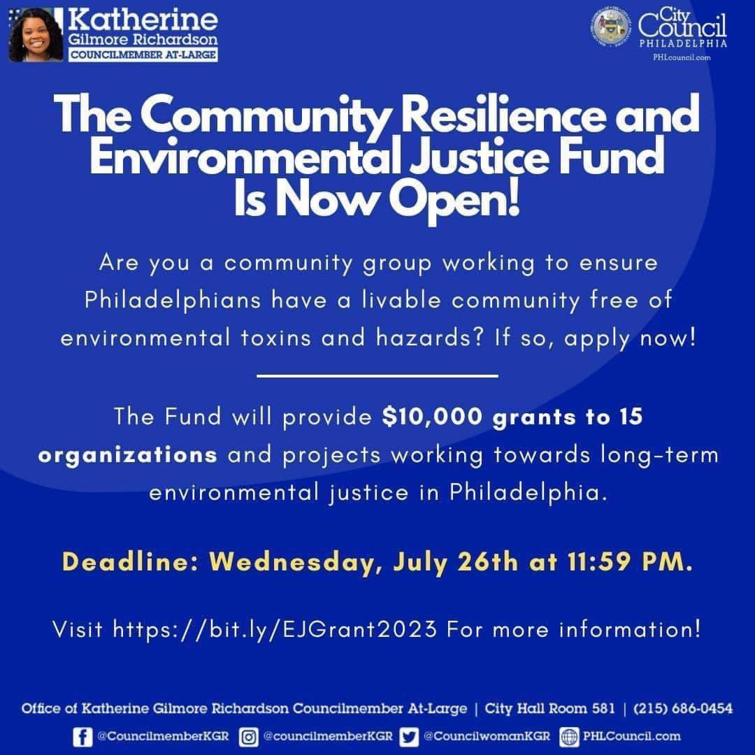 CALLING ALL APPLICANTS 📢

Are you a community group working to ensure that Philadelphians have a livable community, free of environmental harm? 
.
.
If so, apply for the Community Resilience &amp; Environmental Justice Fund!