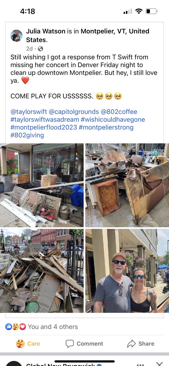 salerno_darci's tweet photo. Pleas help me get the word out. Vermont has been through so much and @capitalgrounds is a pillar in the community. Please @taylorswift13 reach out to Julie Watson and all of Vermont devastated by the floods. https://t.co/oyv1BdBNmU