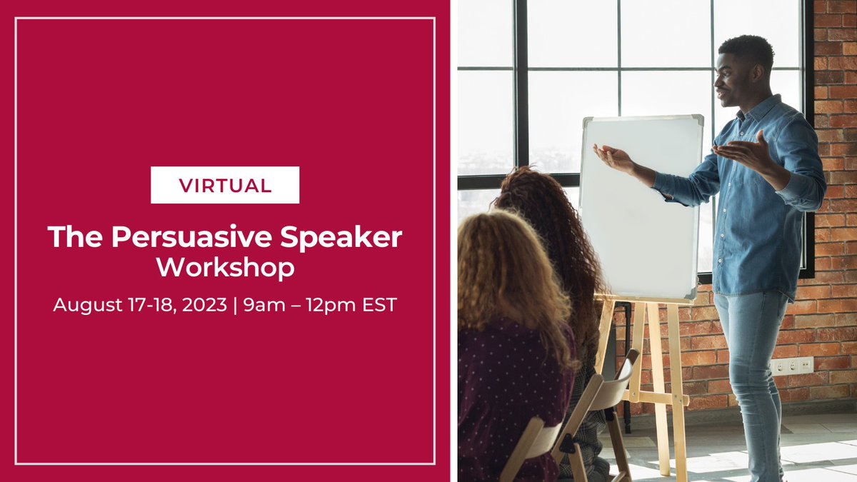 Register for our #virtual Persuasive Speaker Workshop August 17-18 from 9:00am – 12:00pm EST.  This workshop focuses on the fundamentals of creating and delivering simple, persuasive business presentations: ow.ly/74gT50PhB3c. #communicationtraining #speakertraining
