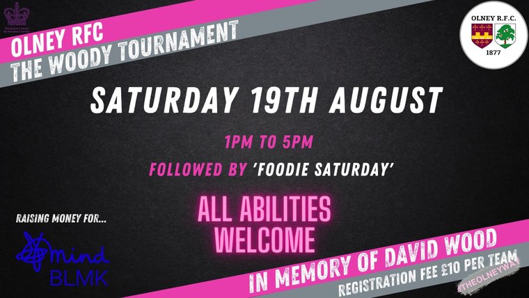 The Woody Tournament 2023 Saturday 19th August will see the second running of “The Woody Tournament” in celebration of the life of David Wood. Open to players of all ability to have an afternoon of fun ! olneyrfc.co.uk/news/the-woody…