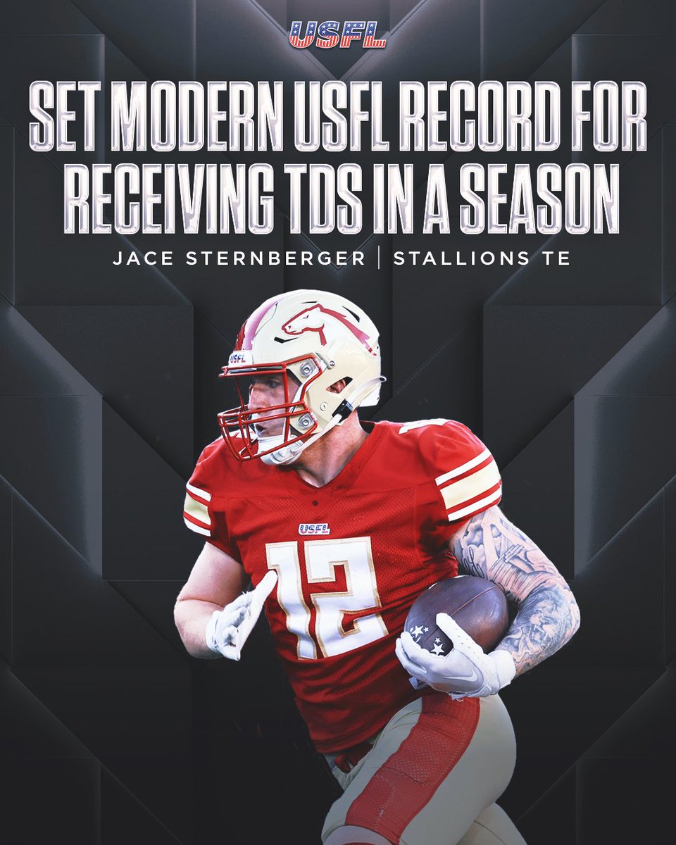 2023 @USFL Records 2023 All-USFL TE Jace Sternberger set a modern season record with 7 TD catches. Former Texas A&M Aggie @_Jstern was 4th in the USFL with 517 receiving yards. He was also clutch in the playoffs with 127 yards while leading @USFLStallions to the USFL title.