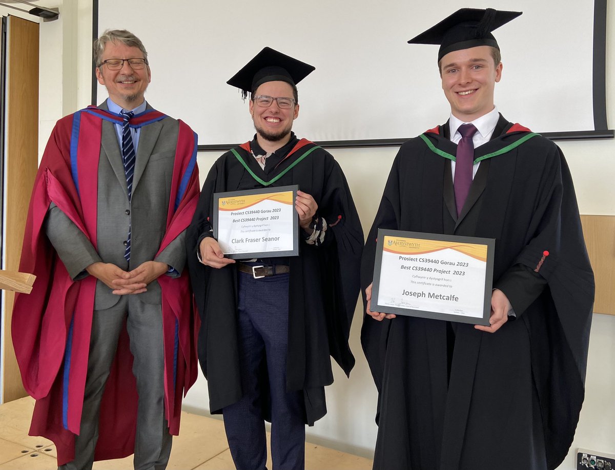 AberCompSci's tweet photo. Clark Seanor (centre) and Joseph Metcalfe (right) were joint winners of the Best CS39440 Major Project prize. Two excellent projects.
#AberGrad2023 #AberGrad https://t.co/9gXu4C8Q6i