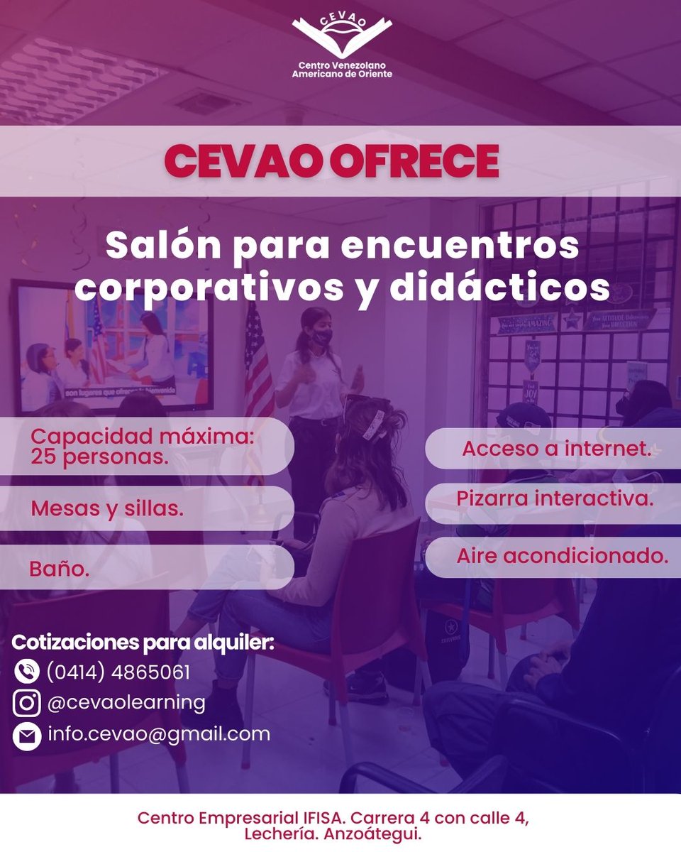 ¿Buscas un espacio para tus eventos corporativos y didácticos? CEVAO ofrece salones adaptados y con lo que necesitas para eventos formativos o reuniones corporativas.
Estamos ubicados en #Lecheria, estado #Anzoátegui, #Venezuela