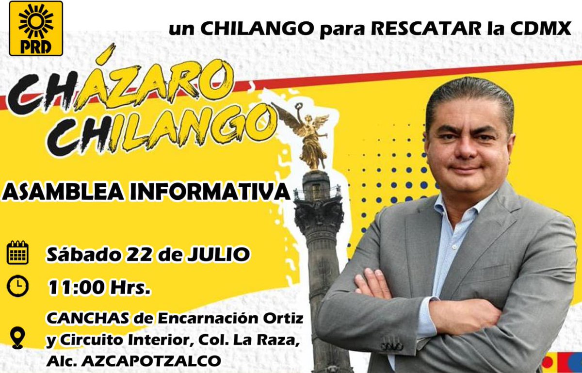 Les esperamos este SÁBADO 
#ChazaroChilango con l@s #Chintololos de #Azcapotzalco
#VamosaRescataralaCDMX
#AmarilloEsMiColor #PRD 🔆💛✌🏼