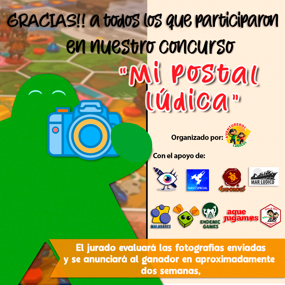 ALudicos's tweet photo. 🎲¡Gracias a todos los que participaron en nuestro 1° concurso de fotografía lúdica!
El jurado evaluará las fotografías y anunciaremos al ganador en aprox. 2 semanas
Enviamos un correo a c/u de los participantes, por favor revisa tu correo para confirmar que recibimos tu foto📸 https://t.co/c3yWWekTwc