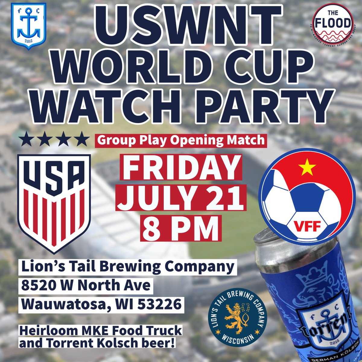 mkeFlood's tweet photo. Join us for #FIFAWWC  @LionsTailBrew in Wauwatosa tomorrow at 7:30pm to cheer on the @USWNT in their opening round group stage match!

@MKETORRENT Kolsch while it lasts and Heirloom MKE Food Truck! https://t.co/UP6iTKiGmP