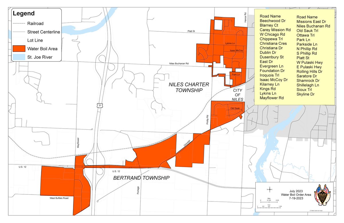 NilesUtilities's tweet photo. REGARDING BOIL ORDER:

Updated map of impacted areas included after additional testing, below. https://t.co/99XsPJrj46