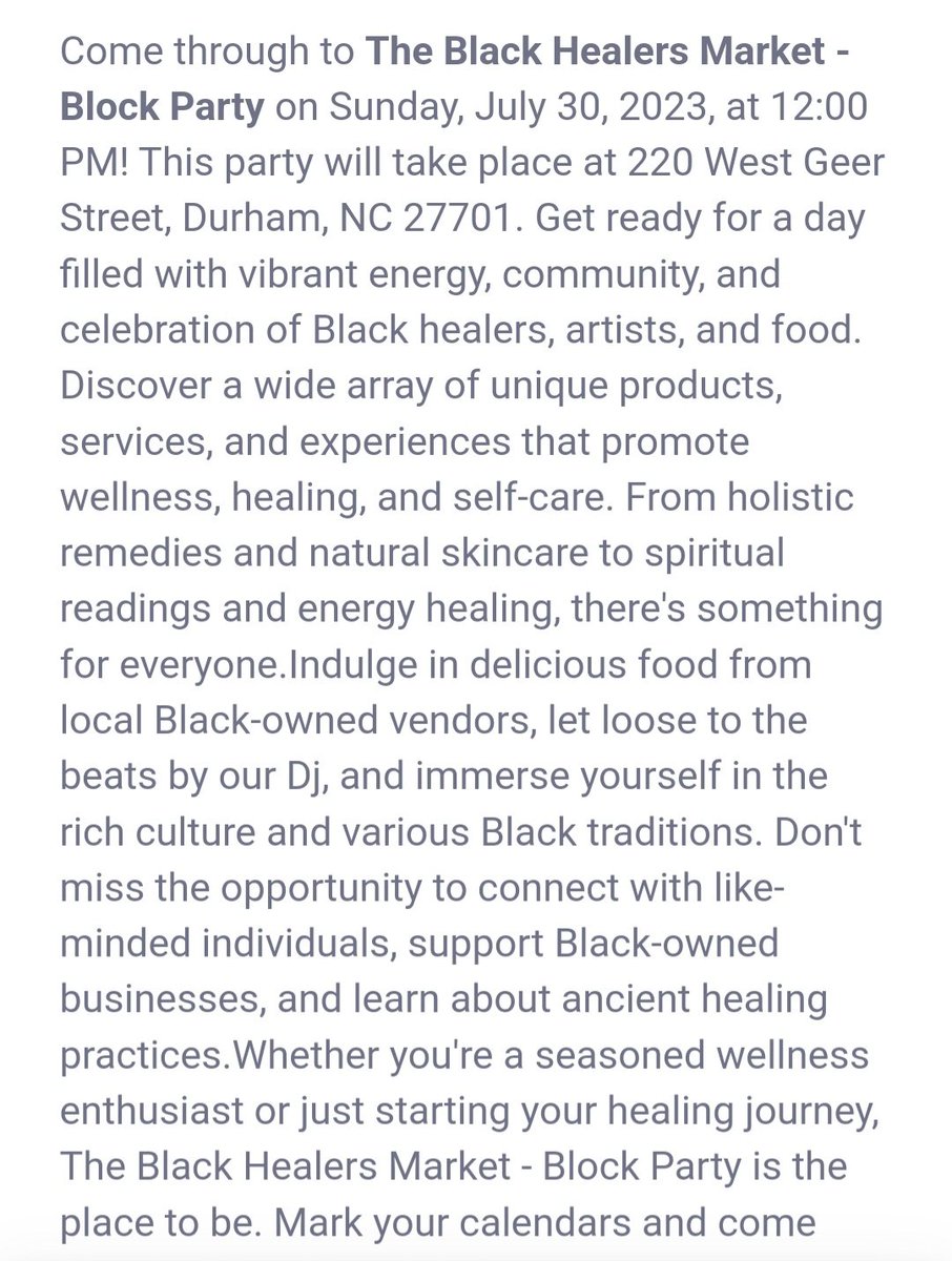'Get ready for a great celebration of Blackness, Healing, and Community at the Black Healer's Market - Block Party.'

Sunday, July 30th from 12pm - 7pm
at @northstardurham in Durham, NC.

Link for free general admission tickets in comments. Thank you for sharing & engaging!
