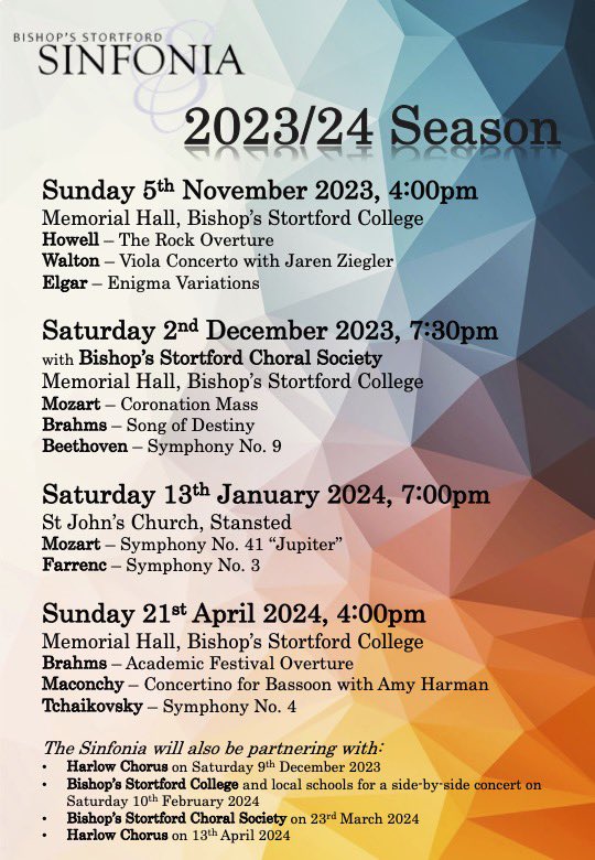 We’re really excited to share our 2023/24 season with you all - details of all concerts are on the poster below. We’ll let you know when tickets are available!