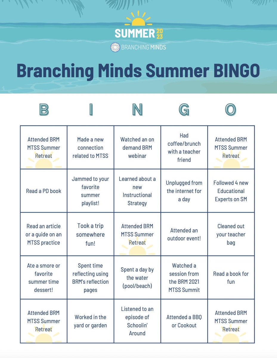 🎁#EDUCATOR GIVEAWAY 🎁

Download this BINGO card💾, mark all your summer break activities🌴 and post using the hashtag #BRMSummerBINGO. 

You'll be entered in a $50 gift card drawing!

Deadline: July 31, 2023. 
hubs.la/Q01YkZXR0

#K12 #teacherchat #MTSS #Edutwitter