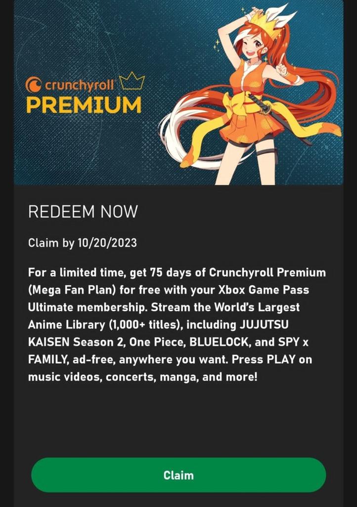 Xbox Game Pass Ultimate dá acesso grátis ao Crunchyroll Premium por 75 dias