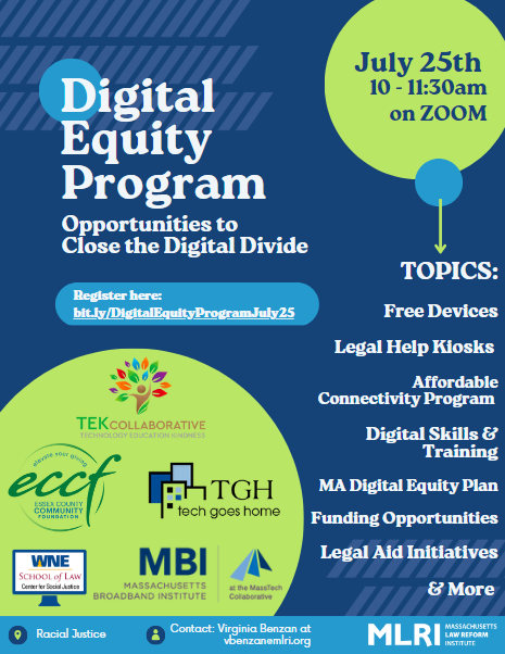 TechGoesHome's tweet photo. Join @TechGoesHome, @ECCFGives @MassBroadband and others for the upcoming @MassLawReform webinar: Opportunities to Close the #DigitalDivide. Spots are filling up quickly. Register now!
-->https://t.co/0Toiu93vwM
#DigitalEquity #Webinar #MLRI #DigitalDivide https://t.co/LKFfAHAuDw