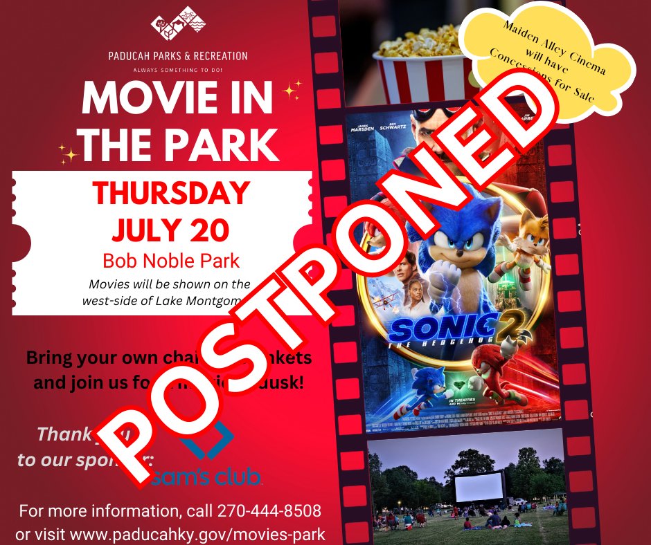 POSTPONED - The Parks & Recreation Department is postponing tonight’s Movies in the Park. The park has standing water in the movie area. Parks will work to reschedule the movie, Sonic The Hedgehog 2. Please share with anyone who was planning to attend. https://t.co/XirjWKrH0x