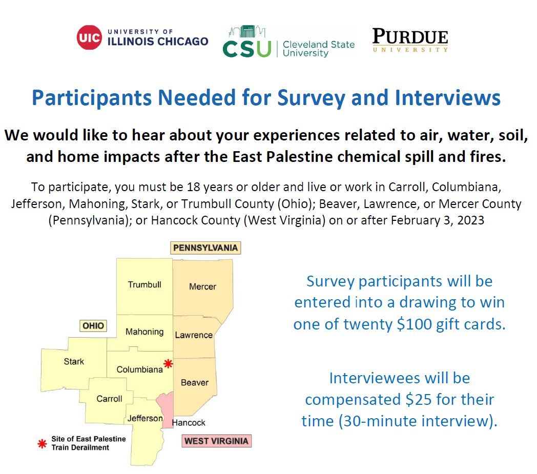 Were you impacted by the #EastPalestine chemical spill and fires? We are looking for participants for our research study focused on understanding water and home impacts. See our website here for ways to participate: bit.ly/3JgPKQu 

Please retweet and share!