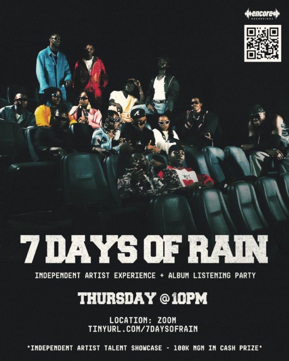 badboydems_'s tweet photo. Tag any independent artiste you know to this opportunity.
The #7daysofrain album listening experience is happening tonight on zoom and one of em could just be featured on the album.
10pm is the time; click the link to join: https://t.co/vLmi6uf0SU https://t.co/qxM6GrrD9S