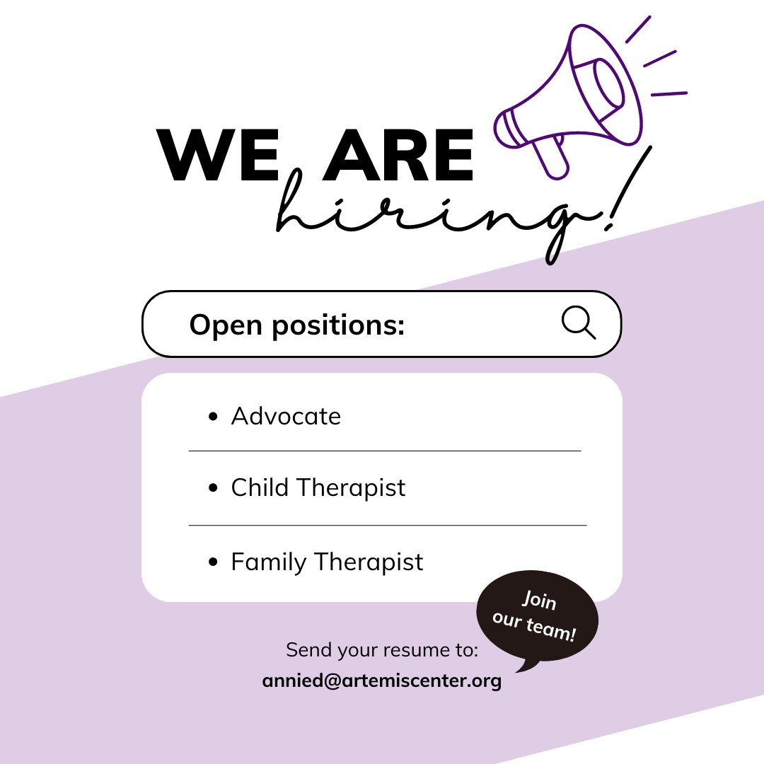 Artemis Center is hiring! 😀 Check out our job openings and apply at artemiscenter.org/employment