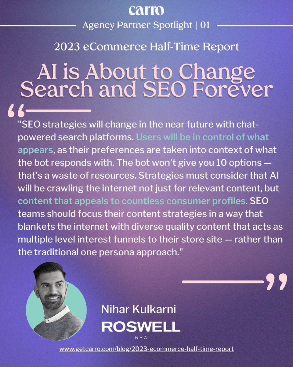 Brace yourself for an SEO revolution! Our MD Nihar Kulkarni told <a href="/GetCarro/">Carro - Dropship & Brand Network Platform</a> 's 2023 eCommerce Half-Time Report that, the SEO landscape is about to be forever transformed by AI-powered chat platforms. Read more: getcarro.com/blog/2023-ecom…