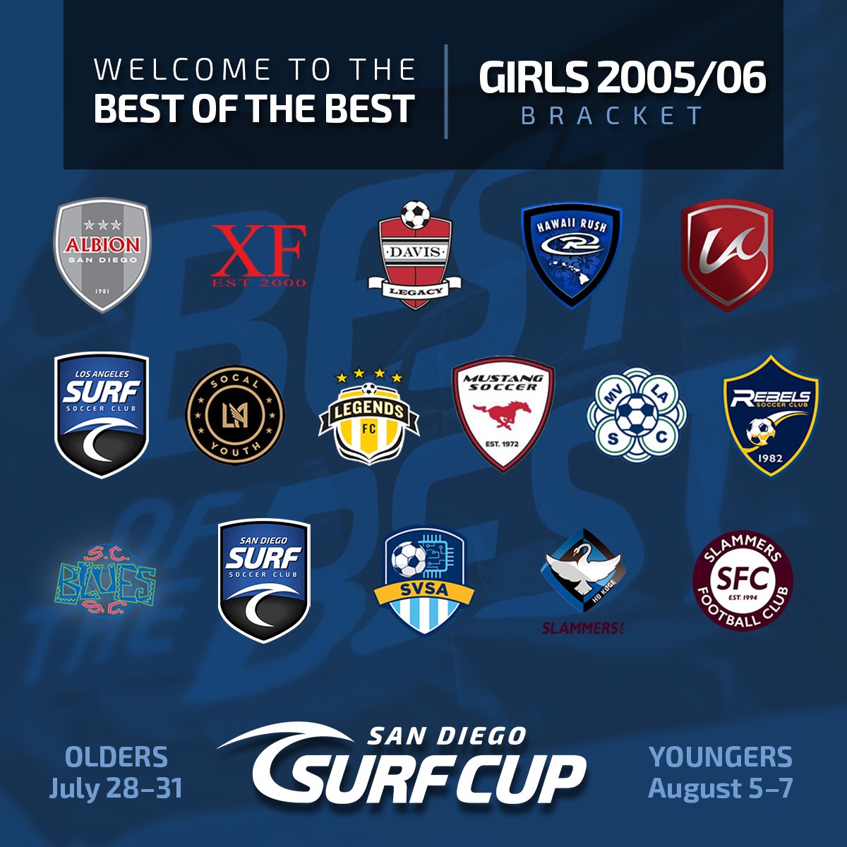 #SurfCup is thrilled to announce our 2005/06 Boys & Girls #BestOfTheBest Brackets! With EIGHT days to go, we're gearing up to host the nation's top clubs and huge matchups! We cannot wait to hand out the 🏆 to the #BestOfTheBest!