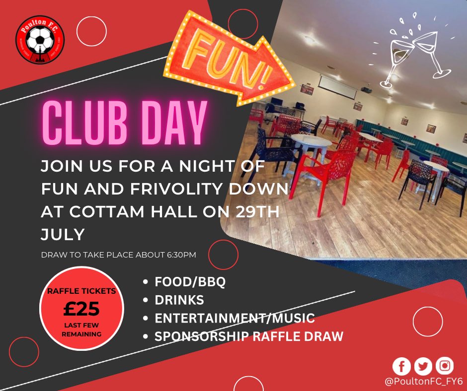 📣 Club Day - 29th July

We invite you all to come and join us at Cottam Hall for our club day!

Enjoy a game of football, grab a burger, washed down with a beer.

Additionally, find out if you’re a raffle winner. Got to be in it to win it!!!

#PoultonFC #ClubDay #fy6ers