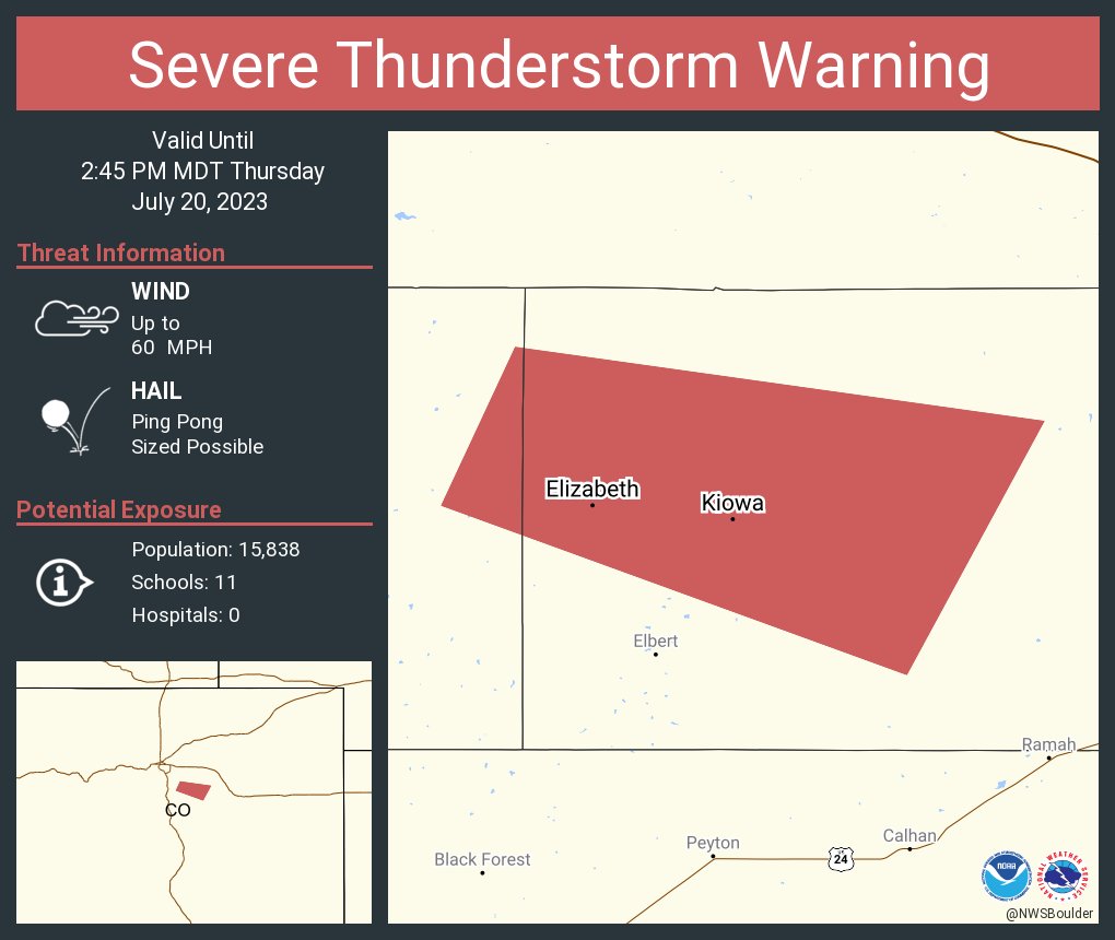 RT @NWSBoulder: Severe Thunderstorm Warning including Elizabeth CO and  Kiowa CO until 2:45 PM MDT https://t.co/P380xgY6Mu