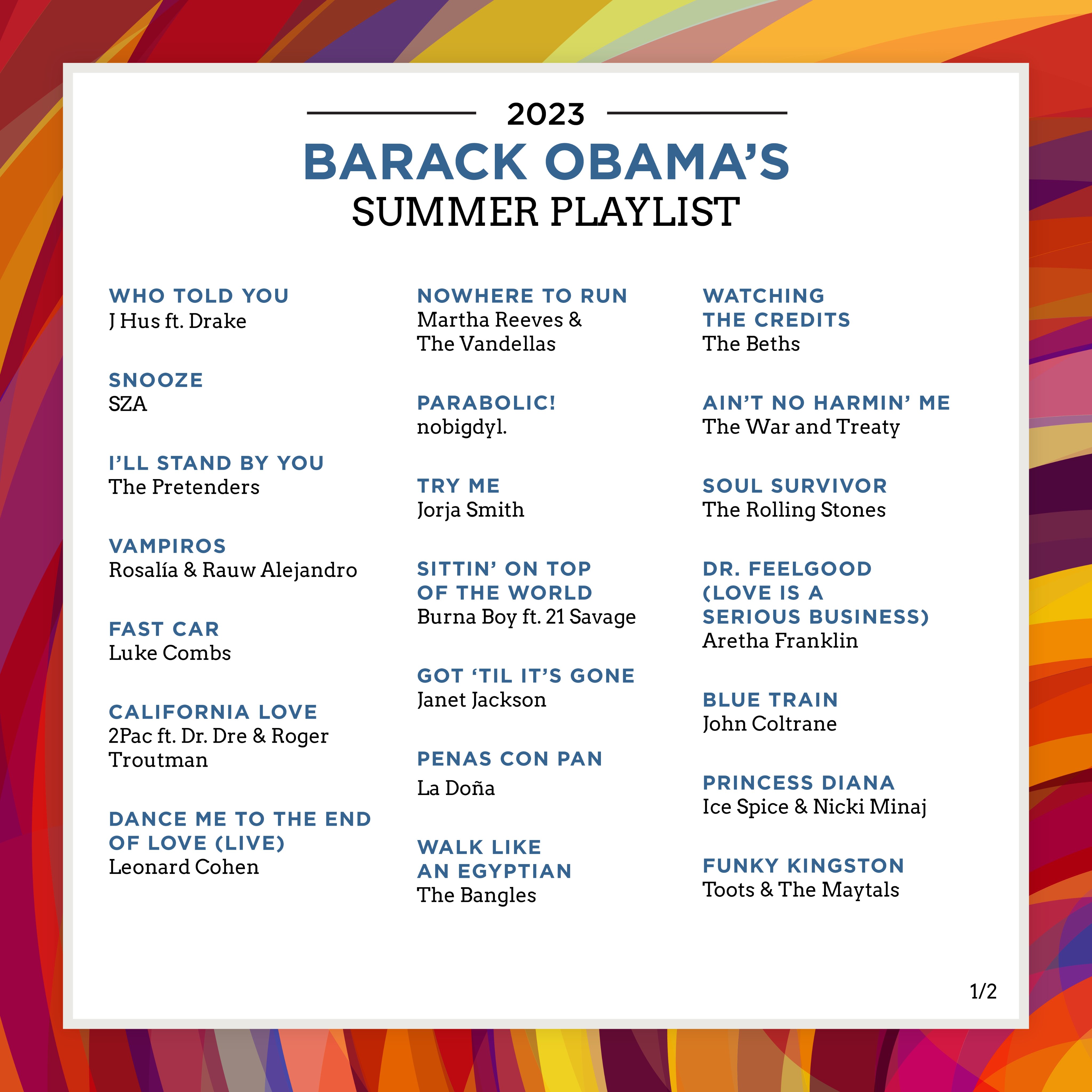 Graphic with President Obama’s 2023 summer playlist. 